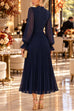 Karleedress Mock Neck Sheer Sleeve Pleated Ruffle High-Low Midi Dress (E)