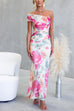 One Shoulder Floral Print Ruched Bodycon Maxi Dress
