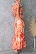 V Neck Back Lace-up Ruffle Trim Floral Print Maxi Dress
