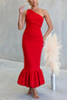 One Shoulder Sleeveless Ruffle Hem Bodycon Maxi Dress