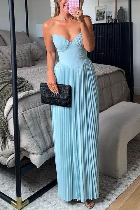 Karleedress Strapless V Neck Corset Pleated Maxi Dress