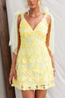V Neck Bow Shoulder Floral Embroidered Mesh Mini Dress