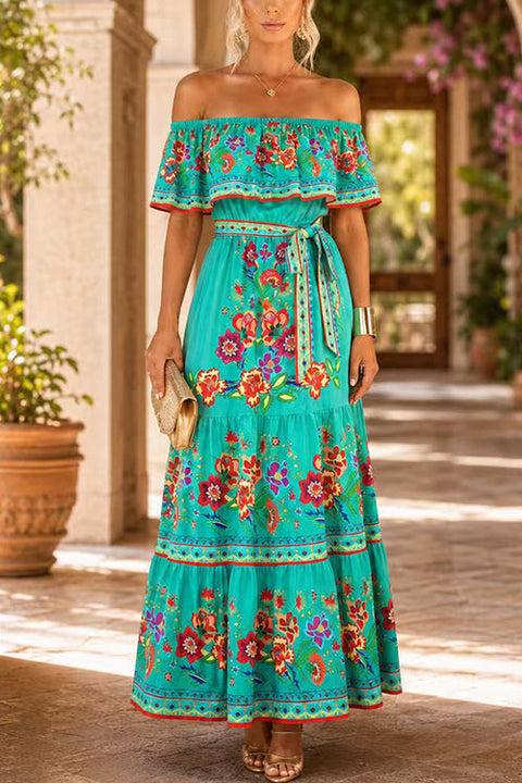 Karleedress Off Shoulder Bow Waist Floral Print Ruffle Tiered Maxi Dress