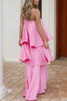 Karleedress Spaghetti Strap Ruffle Layered Satin Maxi Dress