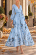 Karleedress V Neck Lantern Long Sleeves Floral Print Pleated Maxi Dress (A)
