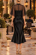 Karleedress Mock Neck Chiffon Cape Overlay Satin Midi Dress Set (C)