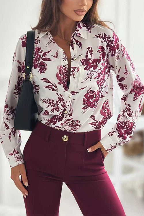 Lapel Long Sleeves Button Up Floral Print Shirt