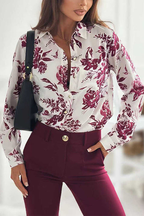 Lapel Long Sleeves Button Up Floral Print Shirt