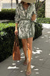 Long Sleeves Blouse Shirt and Tie Waist Wrap Mini Skirt Unique Print Set