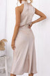 High Neck Zipper Back Waisted Satin Midi Dress