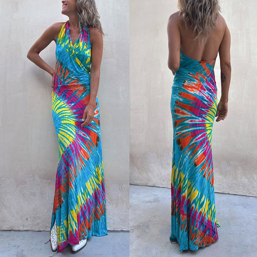 Karleedress Sleeveless Halter Backless Maxi Tie Dye Dress