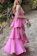 Karleedress Adjustable Strap Ruffle Layered Satin Maxi Dress
