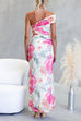 One Shoulder Floral Print Ruched Bodycon Maxi Dress