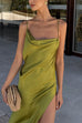Karleedress High Slit Back Drape Cascading Satin Maxi Cami Dress