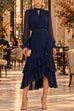 Karleedress Mock Neck Sheer Sleeve Pleated Ruffle High-Low Midi Dress (B)