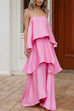 Karleedress Spaghetti Strap Ruffle Layered Satin Maxi Dress