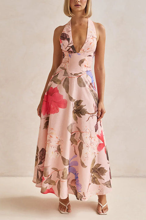 Halter V Neck Lace-up Waisted Floral Print Maxi Dress