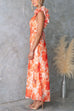 V Neck Back Lace-up Ruffle Trim Floral Print Maxi Dress
