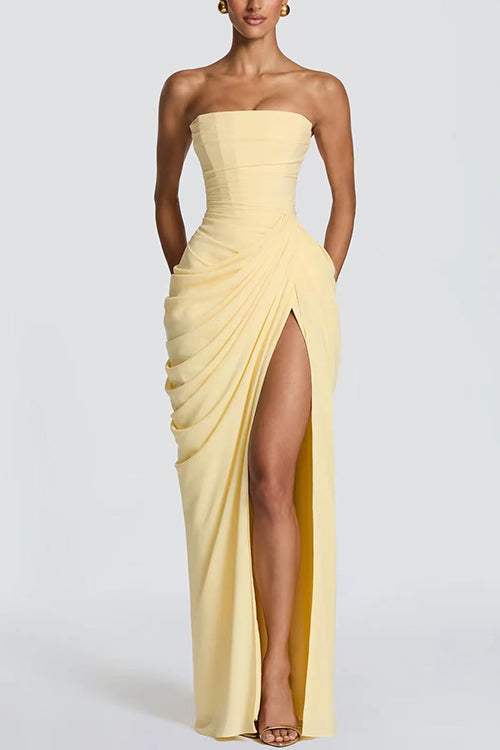 Strapless Tube Ruched Slit Maxi Dress