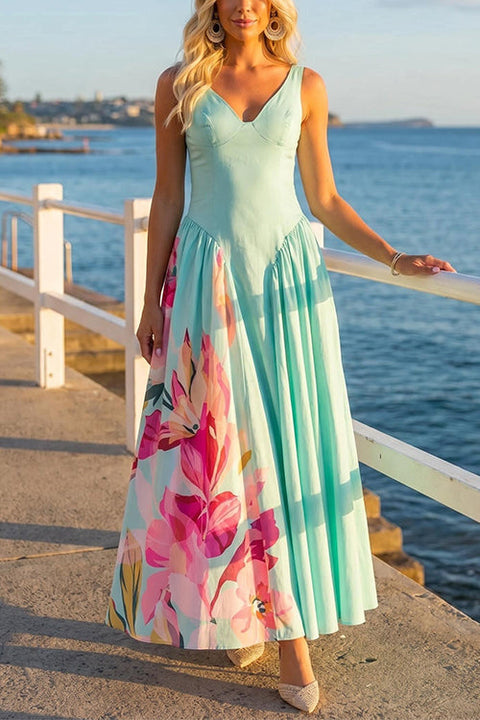 V Neck Sleeveless Basque Waist Floral Print Maxi Dress