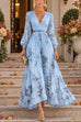 Karleedress V Neck Lantern Long Sleeves Floral Print Pleated Maxi Dress (B)