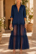 Karleedress Lapel Long Sleeves Organza Splice Ruffle Denim Maxi Dress