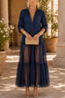 Karleedress Lapel Long Sleeves Organza Splice Ruffle Denim Maxi Dress