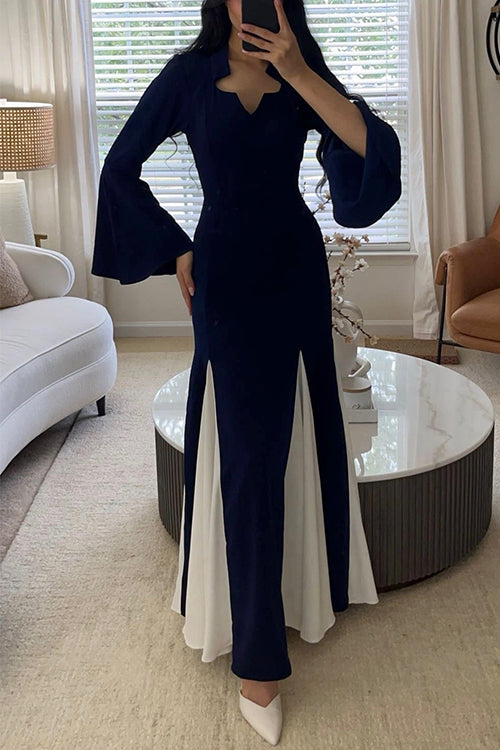 Bell Long Sleeves Color Block Swing Maxi Dress