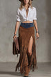 Karleedress High Rise Denim Splice Faux Suede Slit Fringe Maxi Skirt