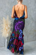 Open Back Ruffle Trim Slit Floral Print Maxi Cami Dress