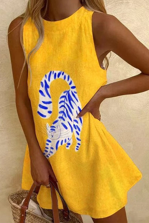 Karleedress Round Neck Sleeveless Cartoon Print Mini Dress
