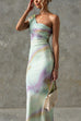 One Shoulder Watercolor Swirl Maxi Bodycon Dress