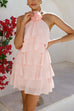 Karleedress Flower Halter Neck Backless Ruffle Layered Mini Dress