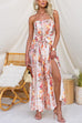 Strapless Floral Print Tie Waist Split Wide Leg Jumpsuit