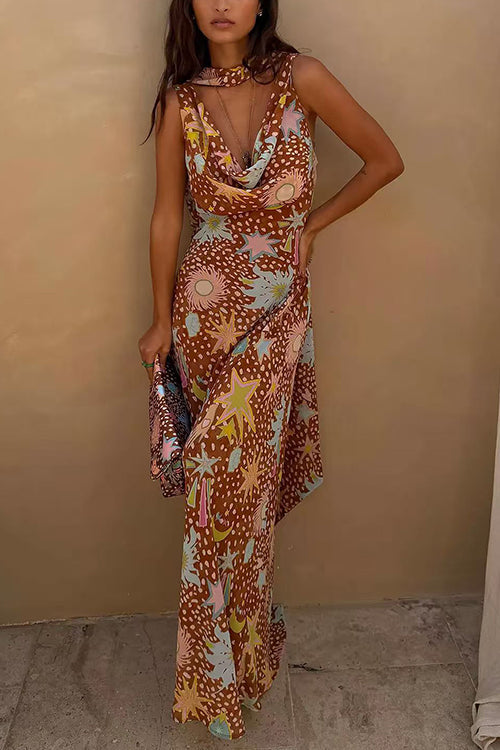 Karleedress Cowl Neck Open Back Printed Maxi Dress with Scarf
