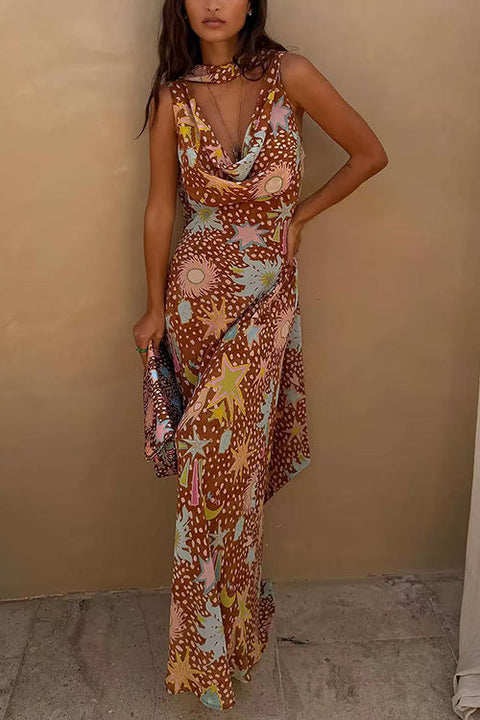 Karleedress Cowl Neck Open Back Printed Maxi Dress with Scarf