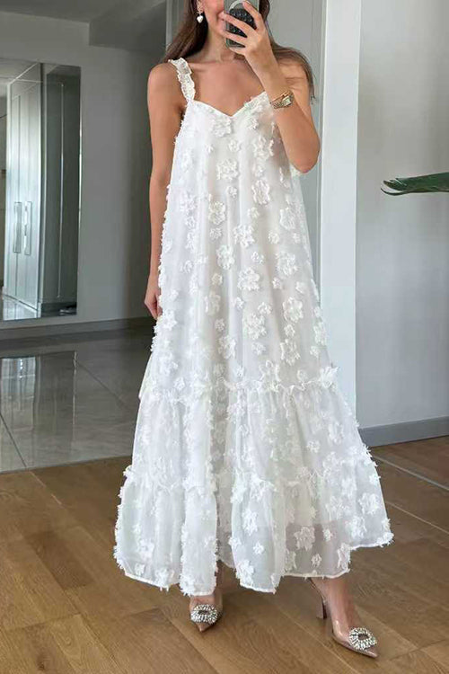 Karleedress V Neck Sleeveless Flower Applique Ruffle Maxi Dress