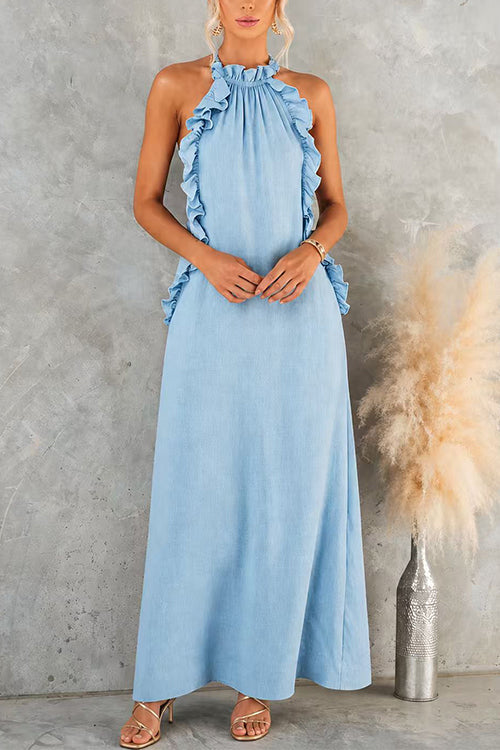 Karleedress Sleeveless Linen Blend Ruffle Pocketed Maxi Dress