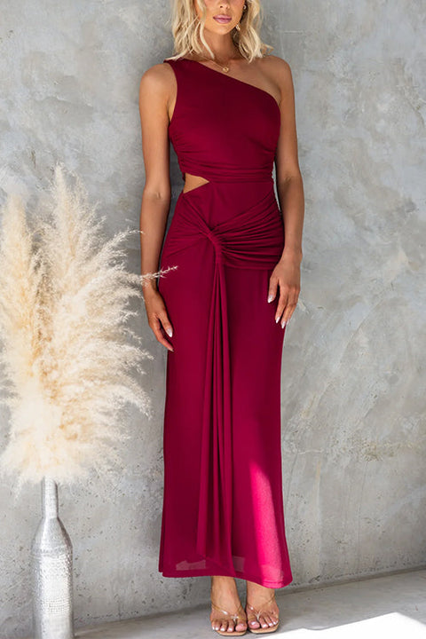 One Shoulder Cut Out Waist Drape Front Maxi Dress