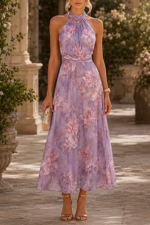 Karleedress Sleeveless Waisted Floral Print Flowy Maxi Dress