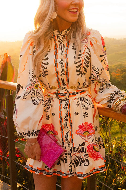 Puff Long Sleeves Button Up Floral Print Ruffle Mini Dress