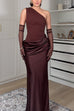 Karleedress One Shoulder Sleeveless Ruched Patchwork Satin Maxi Dress