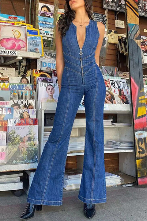 Karleedress Zip Up Sleeveless Heart Back Bell Bottom Denim Jumpsuit