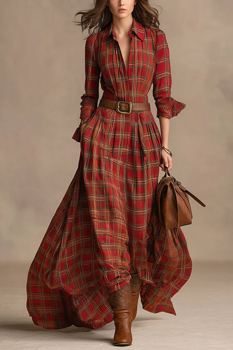 Lapel Long Sleeves Button Up Plaid Maxi Shirt Dress