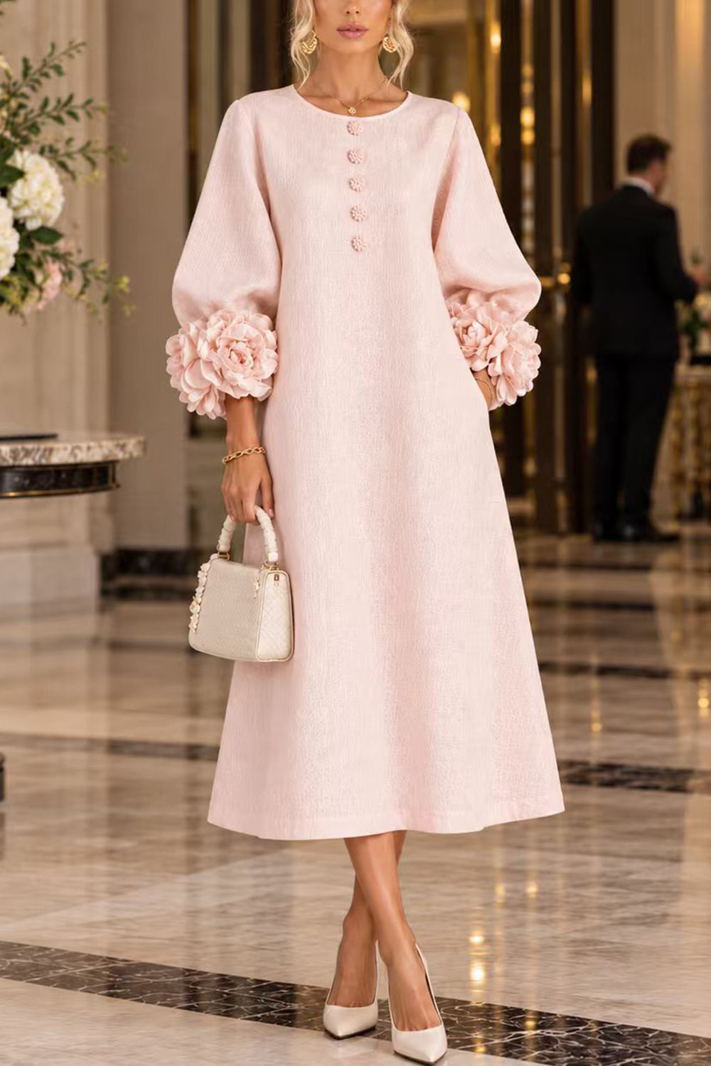 Karleedress Floral Applique Puff Sleeve A-Line Midi Dress