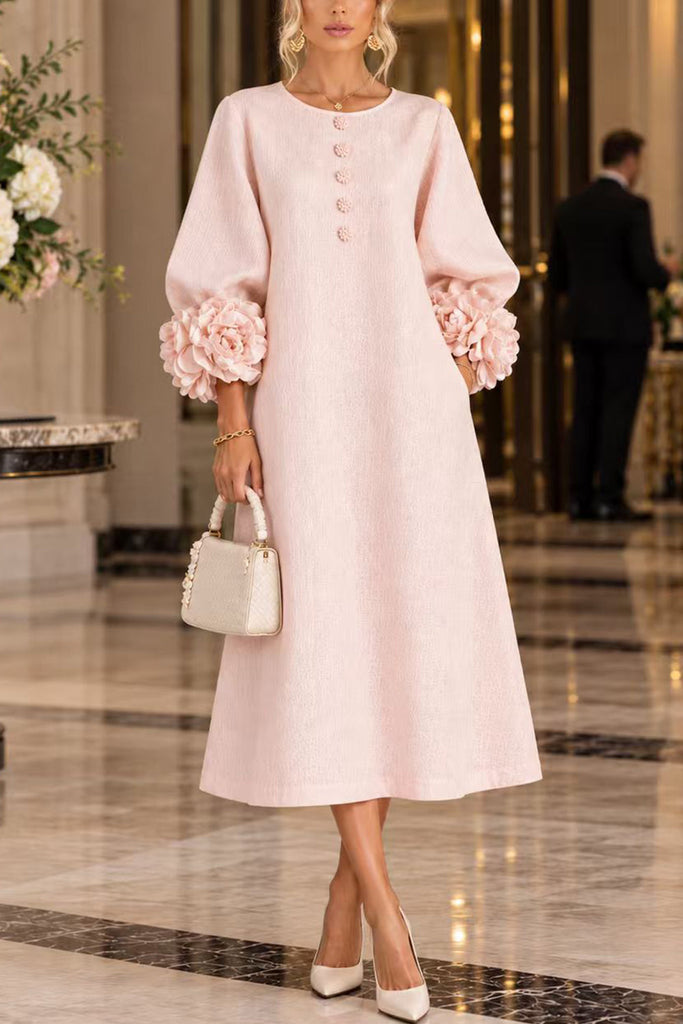 Karleedress Floral Applique Puff Sleeve A-Line Midi Dress