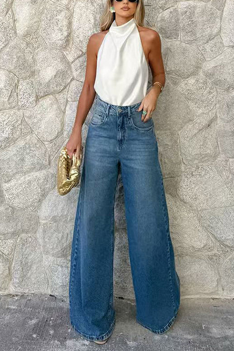 High Waist One Button Pocketed Wide Leg Pants