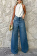 High Waist One Button Pocketed Wide Leg Pants