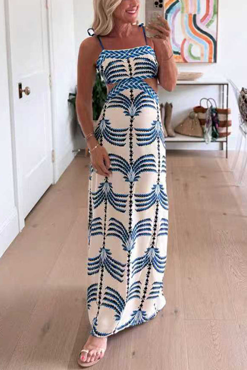 Karleedress Tie Shoulder Cut Out Waist Printed Maxi Dress