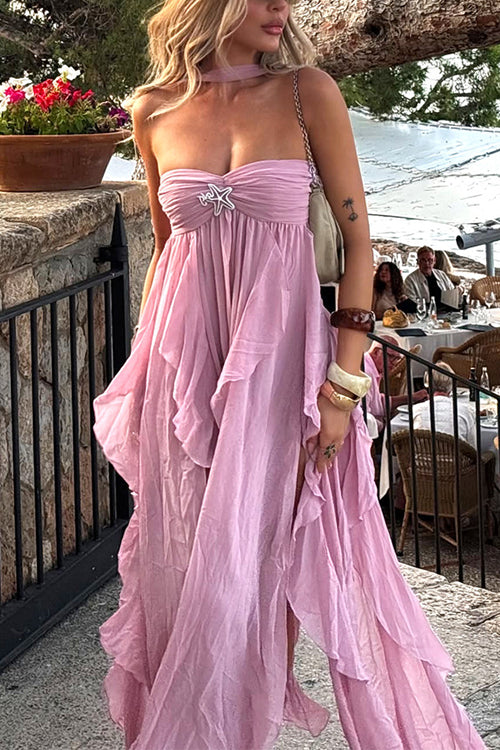 Karleedress Sleeveless Open Back Ruffle Trim Slit Maxi Dress